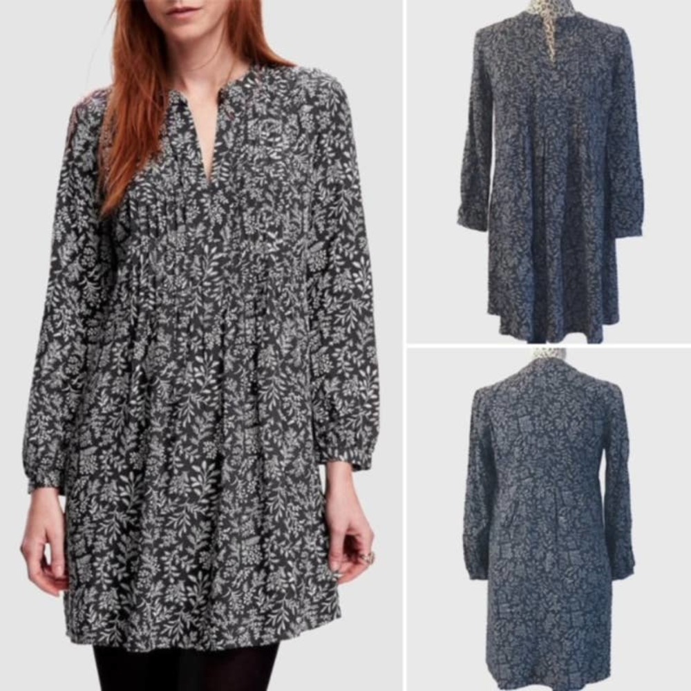 Old Navy Leaf Split Neck Long Sleeve Shirt Dress Gray & White, EUC -Size XS